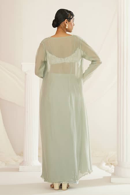 Kapda Dori Green Satin, Silk Pearls, Sequins, Cut Work Sheer Cape Dhoti Skirt Set Online at Aza Fashions Kapda Dori_Green Satin, Silk Pearls, Sequins, Cut Work Sheer Cape Dhoti Skirt Set _Online_at_Aza_Fashions