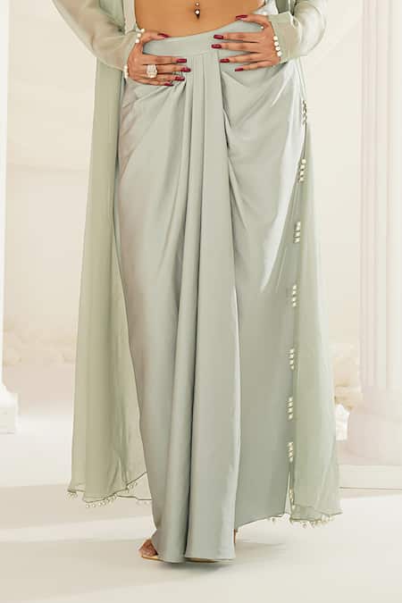 Kapda Dori Green Satin, Silk Pearls, Sequins, Cut Work Sheer Cape Dhoti Skirt Set at Aza Fashions Kapda Dori_Green Satin, Silk Pearls, Sequins, Cut Work Sheer Cape Dhoti Skirt Set _at_Aza_Fashions