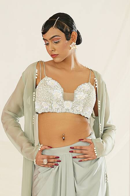 Buy Kapda Dori Green Satin, Silk Pearls, Sequins, Cut Work Sheer Cape Dhoti Skirt Set Buy_Kapda Dori_Green Satin, Silk Pearls, Sequins, Cut Work Sheer Cape Dhoti Skirt Set