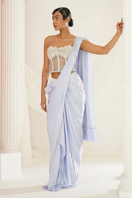 Buy Kapda Dori Blue Net, Satin Cut Work, Sequins, Pre-draped Saree And Hand Embroidered Corset Online at Aza Fashions Buy_Kapda Dori_Blue Net, Satin Cut Work, Sequins, Pre-draped Saree And Hand Embroidered Corset _Online_at_Aza_Fashions