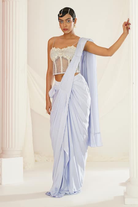Shop Kapda Dori Blue Net, Satin Cut Work, Sequins, Pre-draped Saree And Hand Embroidered Corset Online at Aza Fashions Shop_Kapda Dori_Blue Net, Satin Cut Work, Sequins, Pre-draped Saree And Hand Embroidered Corset _Online_at_Aza_Fashions