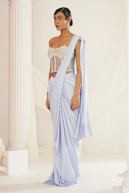 Kapda Dori Blue Net, Satin Cut Work, Sequins, Pre-draped Saree And Hand Embroidered Corset at Aza Fashions Kapda Dori_Blue Net, Satin Cut Work, Sequins, Pre-draped Saree And Hand Embroidered Corset _at_Aza_Fashions