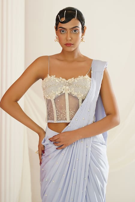 Buy Kapda Dori Blue Net, Satin Cut Work, Sequins, Pre-draped Saree And Hand Embroidered Corset Buy_Kapda Dori_Blue Net, Satin Cut Work, Sequins, Pre-draped Saree And Hand Embroidered Corset