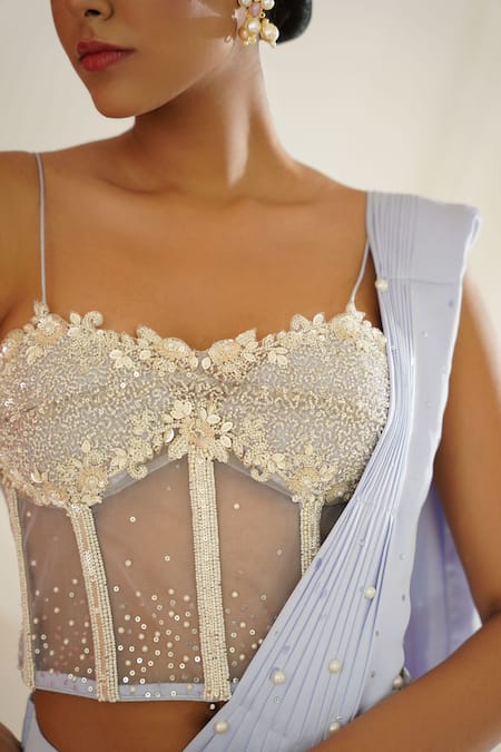 Shop Kapda Dori Blue Net, Satin Cut Work, Sequins, Pre-draped Saree And Hand Embroidered Corset Shop_Kapda Dori_Blue Net, Satin Cut Work, Sequins, Pre-draped Saree And Hand Embroidered Corset