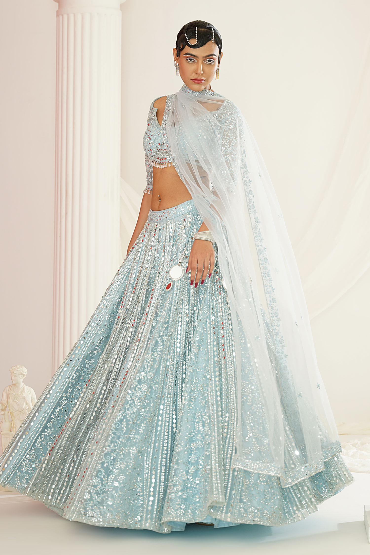 Shop_Kapda Dori_Aqua Net, Silk Mirrors, Sequins Polo Collar Abstract Embroidered Lehenga Set _Online_at_Aza_Fashions
