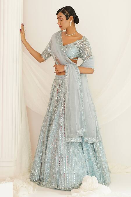 Shop_Kapda Dori_Aqua Net, Silk Mirrors, Sequins Polo Collar Abstract Embroidered Lehenga Set 