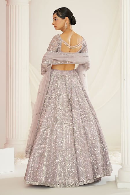 Kapda Dori_Lavender Net, Silk Sequins, Mirrors Scallop Hand Embroidered Lehenga Set _Online_at_Aza_Fashions