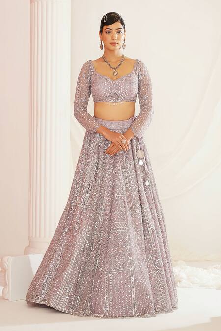 Buy_Kapda Dori_Lavender Net, Silk Sequins, Mirrors Scallop Hand Embroidered Lehenga Set _Online_at_Aza_Fashions