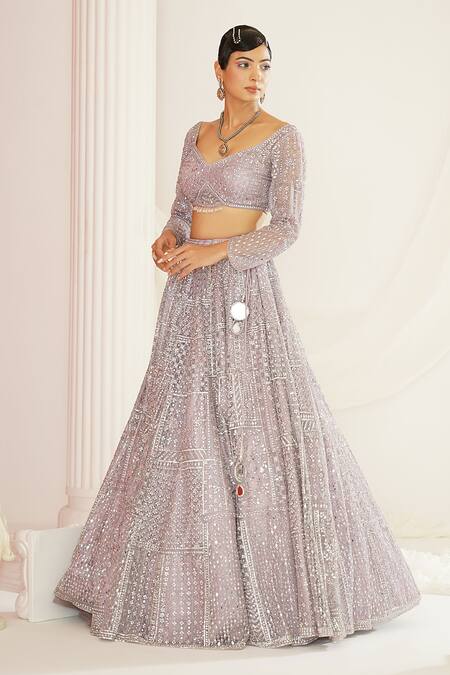 Shop_Kapda Dori_Lavender Net, Silk Sequins, Mirrors Scallop Hand Embroidered Lehenga Set _Online_at_Aza_Fashions