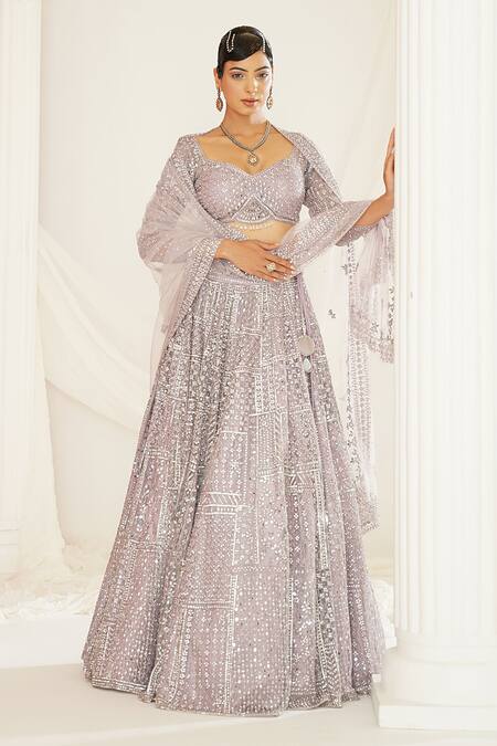 Kapda Dori_Lavender Net, Silk Sequins, Mirrors Scallop Hand Embroidered Lehenga Set _at_Aza_Fashions