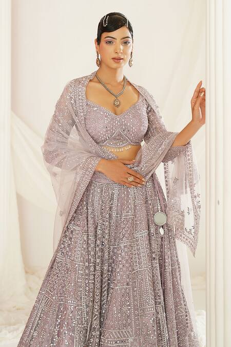 Buy_Kapda Dori_Lavender Net, Silk Sequins, Mirrors Scallop Hand Embroidered Lehenga Set 
