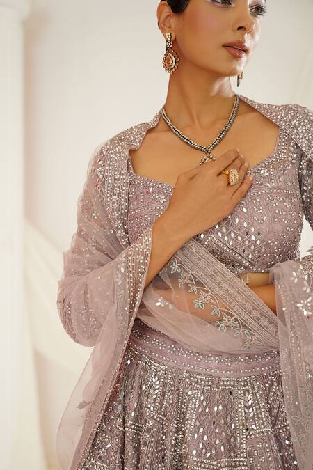 Shop_Kapda Dori_Lavender Net, Silk Sequins, Mirrors Scallop Hand Embroidered Lehenga Set 