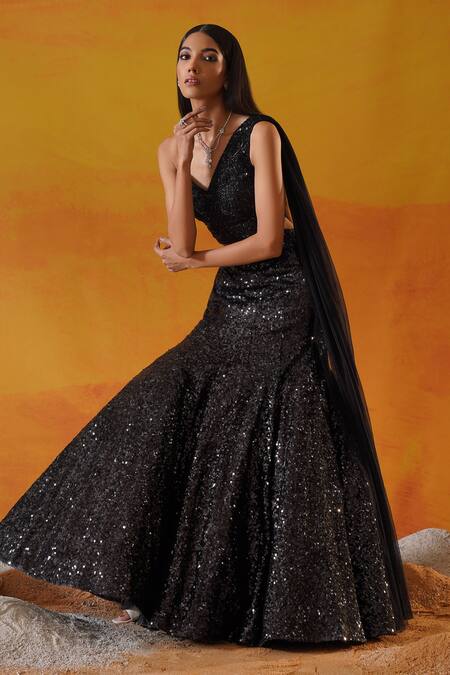 Shop Kapda Dori Black Net, Linen Sequins, Crystals, Cut Work One Embellished Mermaid Lehenga Set Online at Aza Fashions Shop_Kapda Dori_Black Net, Linen Sequins, Crystals, Cut Work One Embellished Mermaid Lehenga Set _Online_at_Aza_Fashions