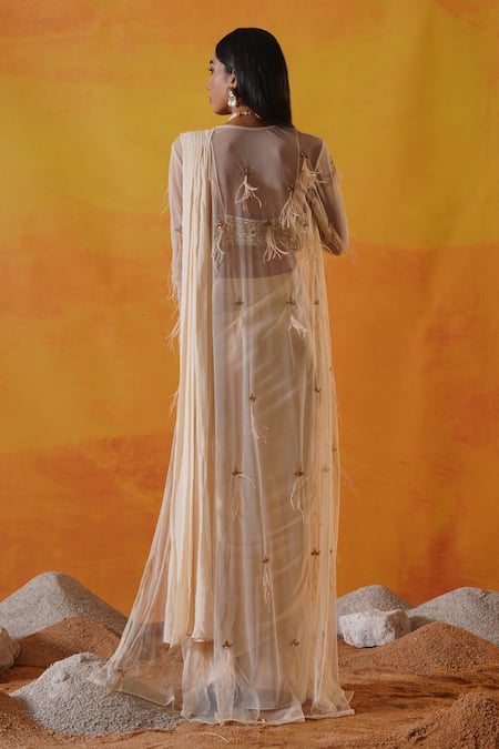 Kapda Dori_Ivory Silk, Net, Viscose, Georgette Embellished Pre-draped Saree And Jacket Set _Online_at_Aza_Fashions