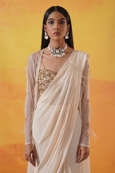 Buy_Kapda Dori_Ivory Silk, Net, Viscose, Georgette Embellished Pre-draped Saree And Jacket Set _Online_at_Aza_Fashions