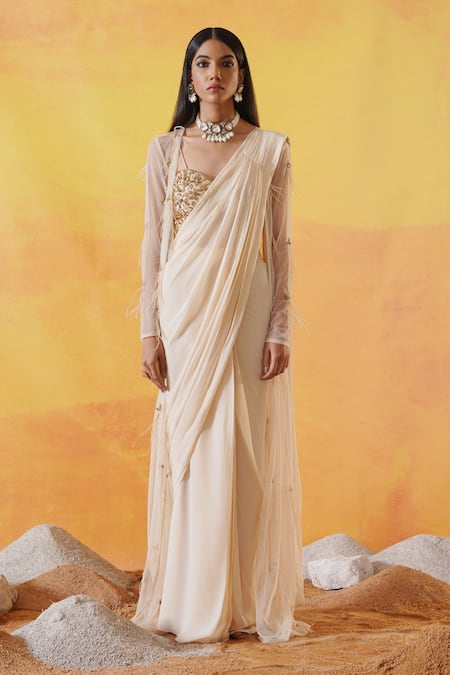 Shop_Kapda Dori_Ivory Silk, Net, Viscose, Georgette Embellished Pre-draped Saree And Jacket Set _Online_at_Aza_Fashions