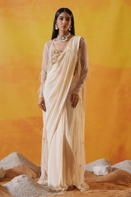 Buy_Kapda Dori_Ivory Silk, Net, Viscose, Georgette Embellished Pre-draped Saree And Jacket Set 
