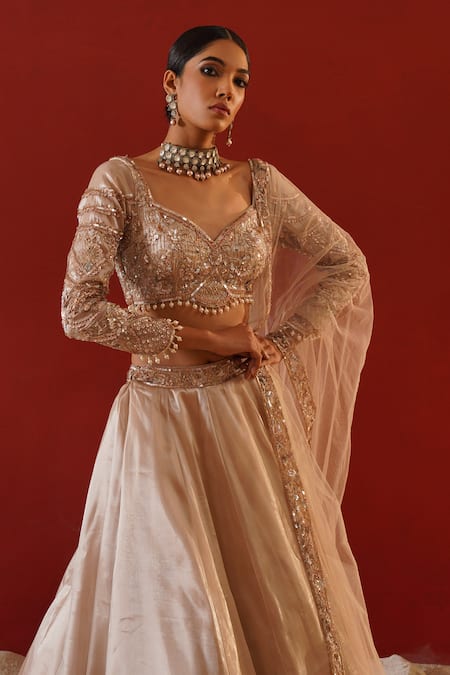 Buy Kapda Dori Beige Tissue, Net, Organza Pearls, Sequins, Embroidered Waistband Lehenga Set Online at Aza Fashions Buy_Kapda Dori_Beige Tissue, Net, Organza Pearls, Sequins, Embroidered Waistband Lehenga Set _Online_at_Aza_Fashions