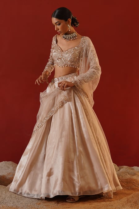 Shop_Kapda Dori_Beige Tissue, Net, Organza Pearls, Sequins, Embroidered Waistband Lehenga Set _Online_at_Aza_Fashions