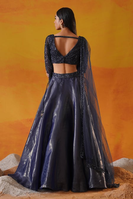 Kapda Dori Blue Organza, Tissue, Net Cut Work, Sequins, Navy Embellished Lehenga Set Online at Aza Fashions Kapda Dori_Blue Organza, Tissue, Net Cut Work, Sequins, Navy Embellished Lehenga Set _Online_at_Aza_Fashions