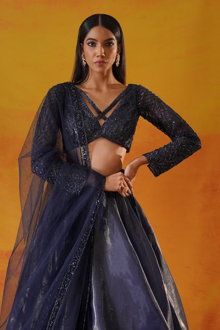 Buy Kapda Dori Blue Organza, Tissue, Net Cut Work, Sequins, Navy Embellished Lehenga Set Online at Aza Fashions Buy_Kapda Dori_Blue Organza, Tissue, Net Cut Work, Sequins, Navy Embellished Lehenga Set _Online_at_Aza_Fashions