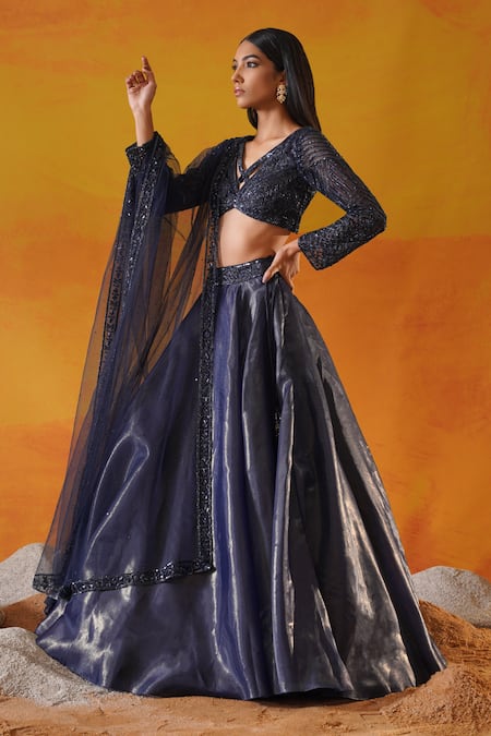 Shop Kapda Dori Blue Organza, Tissue, Net Cut Work, Sequins, Navy Embellished Lehenga Set Online at Aza Fashions Shop_Kapda Dori_Blue Organza, Tissue, Net Cut Work, Sequins, Navy Embellished Lehenga Set _Online_at_Aza_Fashions