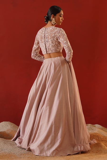 Kapda Dori_Pink Net, Silk Cut Work, Sequins, Crystals Round Embroidered Blush Lehenga Set _Online_at_Aza_Fashions