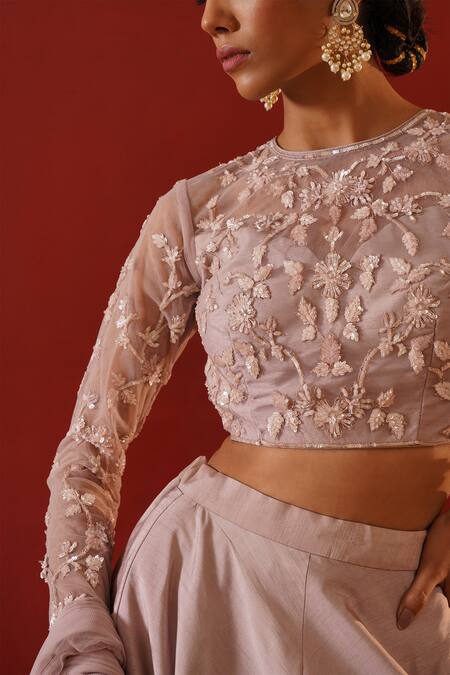 Shop_Kapda Dori_Pink Net, Silk Cut Work, Sequins, Crystals Round Embroidered Blush Lehenga Set _Online_at_Aza_Fashions