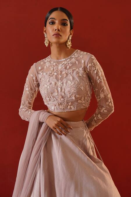 Kapda Dori_Pink Net, Silk Cut Work, Sequins, Crystals Round Embroidered Blush Lehenga Set _at_Aza_Fashions