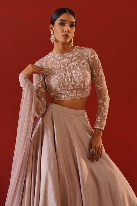 Buy_Kapda Dori_Pink Net, Silk Cut Work, Sequins, Crystals Round Embroidered Blush Lehenga Set 