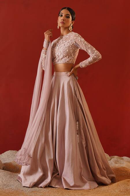 Shop_Kapda Dori_Pink Net, Silk Cut Work, Sequins, Crystals Round Embroidered Blush Lehenga Set 