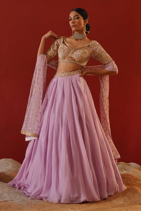 Kapda Dori_Purple Silk, Organza, Net Sequins, Embroidered Lehenga Set With Cut-out Blouse _Online_at_Aza_Fashions