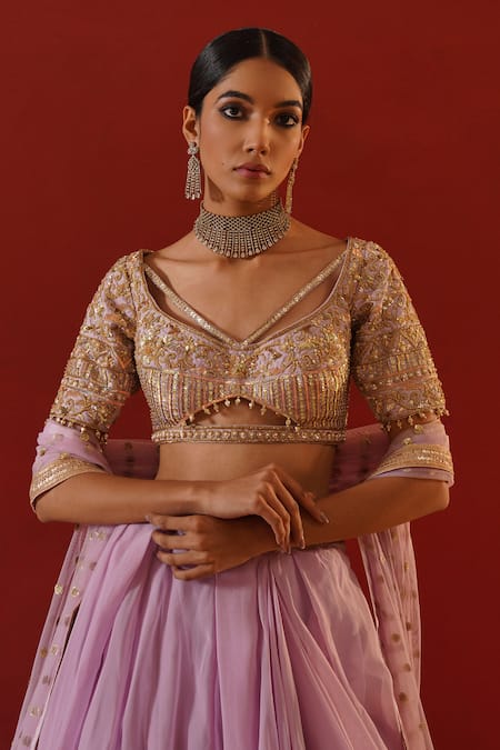 Buy_Kapda Dori_Purple Silk, Organza, Net Sequins, Embroidered Lehenga Set With Cut-out Blouse _Online_at_Aza_Fashions