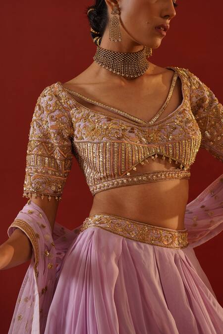 Shop_Kapda Dori_Purple Silk, Organza, Net Sequins, Embroidered Lehenga Set With Cut-out Blouse _Online_at_Aza_Fashions