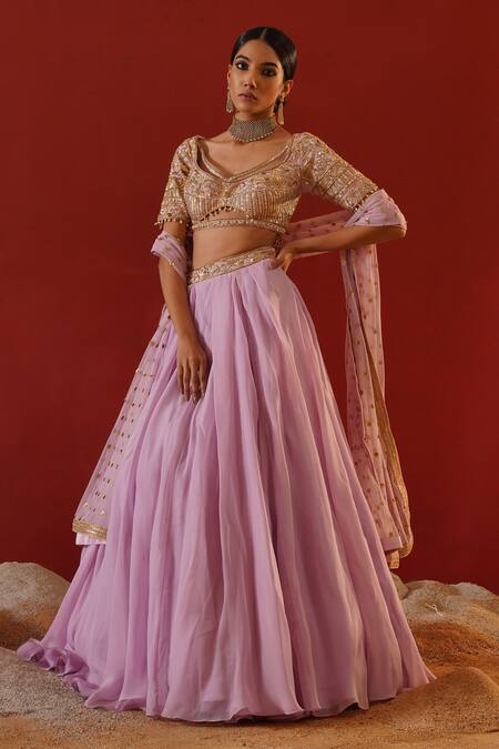 Kapda Dori_Purple Silk, Organza, Net Sequins, Embroidered Lehenga Set With Cut-out Blouse _at_Aza_Fashions