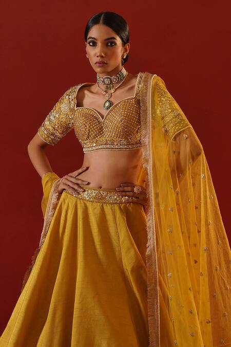 Shop Kapda Dori Yellow Net, Silk Cut Work, Sequins, Floral Scatter Embroidered Lehenga Set Online at Aza Fashions Shop_Kapda Dori_Yellow Net, Silk Cut Work, Sequins, Floral Scatter Embroidered Lehenga Set _Online_at_Aza_Fashions