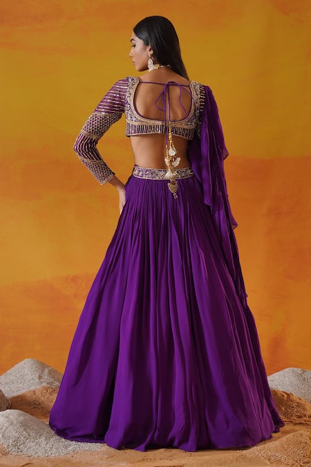 Kapda Dori Purple Georgette Crystals, Pearls, Sequins, Floral Embroidered Waist Lehenga Set Online at Aza Fashions Kapda Dori_Purple Georgette Crystals, Pearls, Sequins, Floral Embroidered Waist Lehenga Set _Online_at_Aza_Fashions