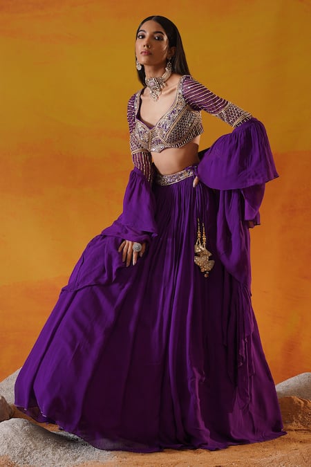 Buy Kapda Dori Purple Georgette Crystals, Pearls, Sequins, Floral Embroidered Waist Lehenga Set Online at Aza Fashions Buy_Kapda Dori_Purple Georgette Crystals, Pearls, Sequins, Floral Embroidered Waist Lehenga Set _Online_at_Aza_Fashions
