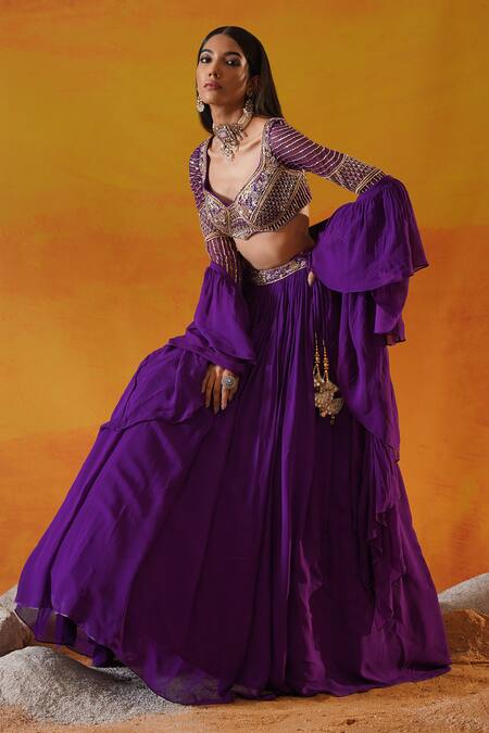 Shop Kapda Dori Purple Georgette Crystals, Pearls, Sequins, Floral Embroidered Waist Lehenga Set Online at Aza Fashions Shop_Kapda Dori_Purple Georgette Crystals, Pearls, Sequins, Floral Embroidered Waist Lehenga Set _Online_at_Aza_Fashions