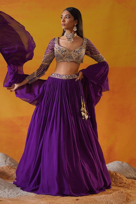 Kapda Dori Purple Georgette Crystals, Pearls, Sequins, Floral Embroidered Waist Lehenga Set at Aza Fashions Kapda Dori_Purple Georgette Crystals, Pearls, Sequins, Floral Embroidered Waist Lehenga Set _at_Aza_Fashions