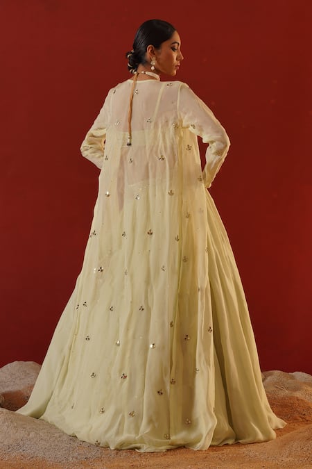 Kapda Dori_Green Silk, Organza, Linen Mirrors, Sequins, Embroidered Lehenga Jacket Set _Online_at_Aza_Fashions