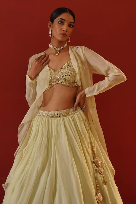 Buy_Kapda Dori_Green Silk, Organza, Linen Mirrors, Sequins, Embroidered Lehenga Jacket Set _Online_at_Aza_Fashions