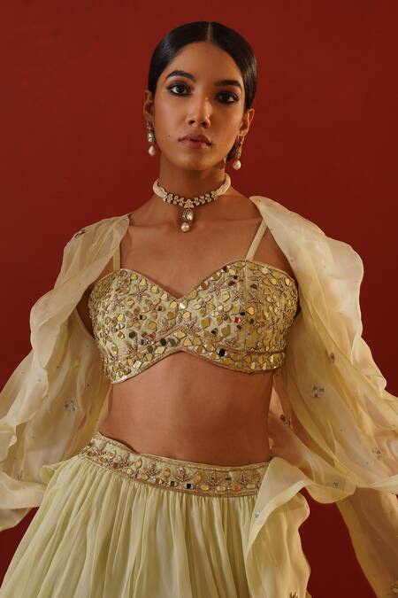 Shop_Kapda Dori_Green Silk, Organza, Linen Mirrors, Sequins, Embroidered Lehenga Jacket Set _Online_at_Aza_Fashions