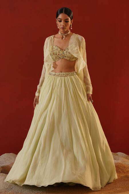 Kapda Dori_Green Silk, Organza, Linen Mirrors, Sequins, Embroidered Lehenga Jacket Set _at_Aza_Fashions