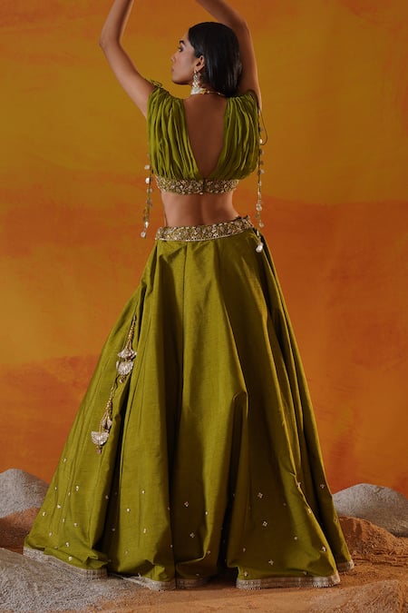 Kapda Dori_Green Silk, Chiffon Sequins, Stones, Cut Work, Lehenga And Draped Blouse Set _Online_at_Aza_Fashions