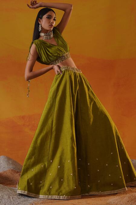 Shop_Kapda Dori_Green Silk, Chiffon Sequins, Stones, Cut Work, Lehenga And Draped Blouse Set _Online_at_Aza_Fashions