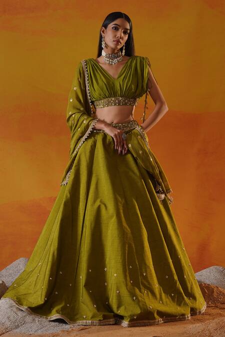 Kapda Dori_Green Silk, Chiffon Sequins, Stones, Cut Work, Lehenga And Draped Blouse Set _at_Aza_Fashions