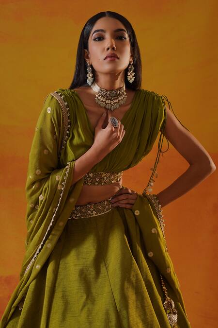 Buy_Kapda Dori_Green Silk, Chiffon Sequins, Stones, Cut Work, Lehenga And Draped Blouse Set 