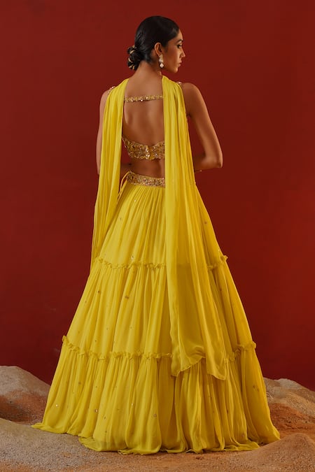 Kapda Dori_Yellow Viscose, Georgette, Linen Sequins, Embroidered Tiered Lehenga Set _Online_at_Aza_Fashions