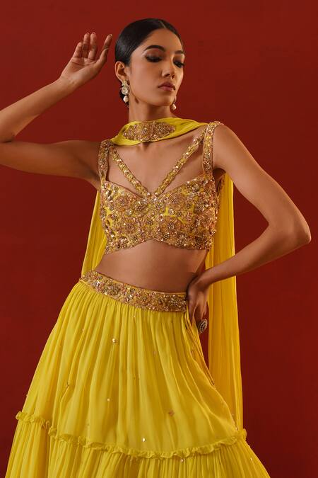 Buy Kapda Dori Yellow Viscose, Georgette, Linen Sequins, Embroidered Tiered Lehenga Set Online at Aza Fashions Buy_Kapda Dori_Yellow Viscose, Georgette, Linen Sequins, Embroidered Tiered Lehenga Set _Online_at_Aza_Fashions